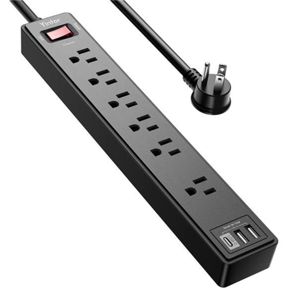 6Ft Power Strip Surge Protector -  Extension Cord with 6 AC Outlets, (Black) - Picture 1 of 7
